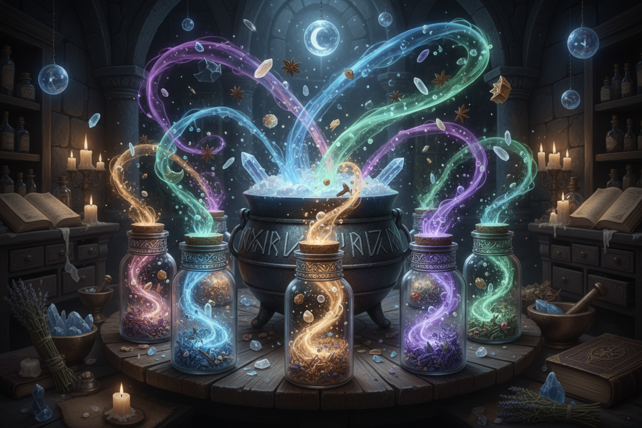 create a spell bucket where there are spell jars around that bucket mixing ingredients